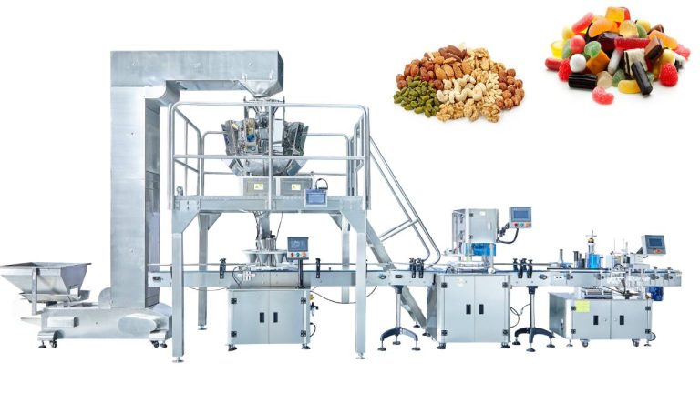 Automatic Granule Beans Nuts Candy Gummy Can Bottle Jar Weighing Filling Seaming Machine Line